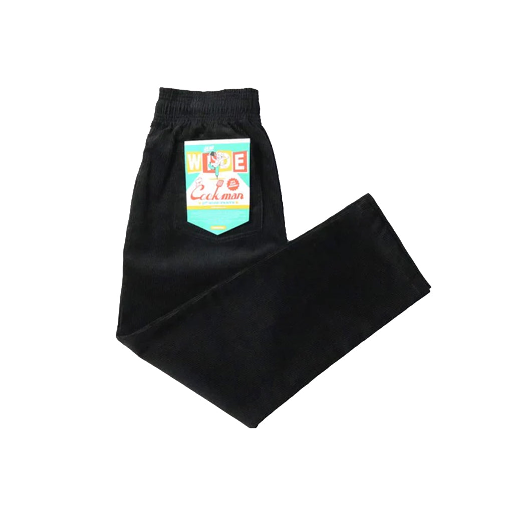 Black pants with a colorful pocket design on a white background