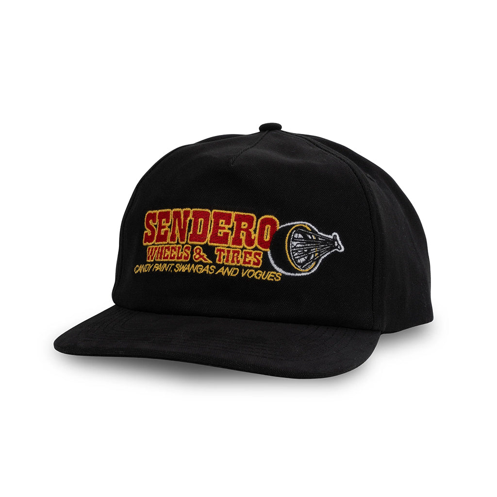 Black cap with Sendero Wheels & Tires logo on a white background