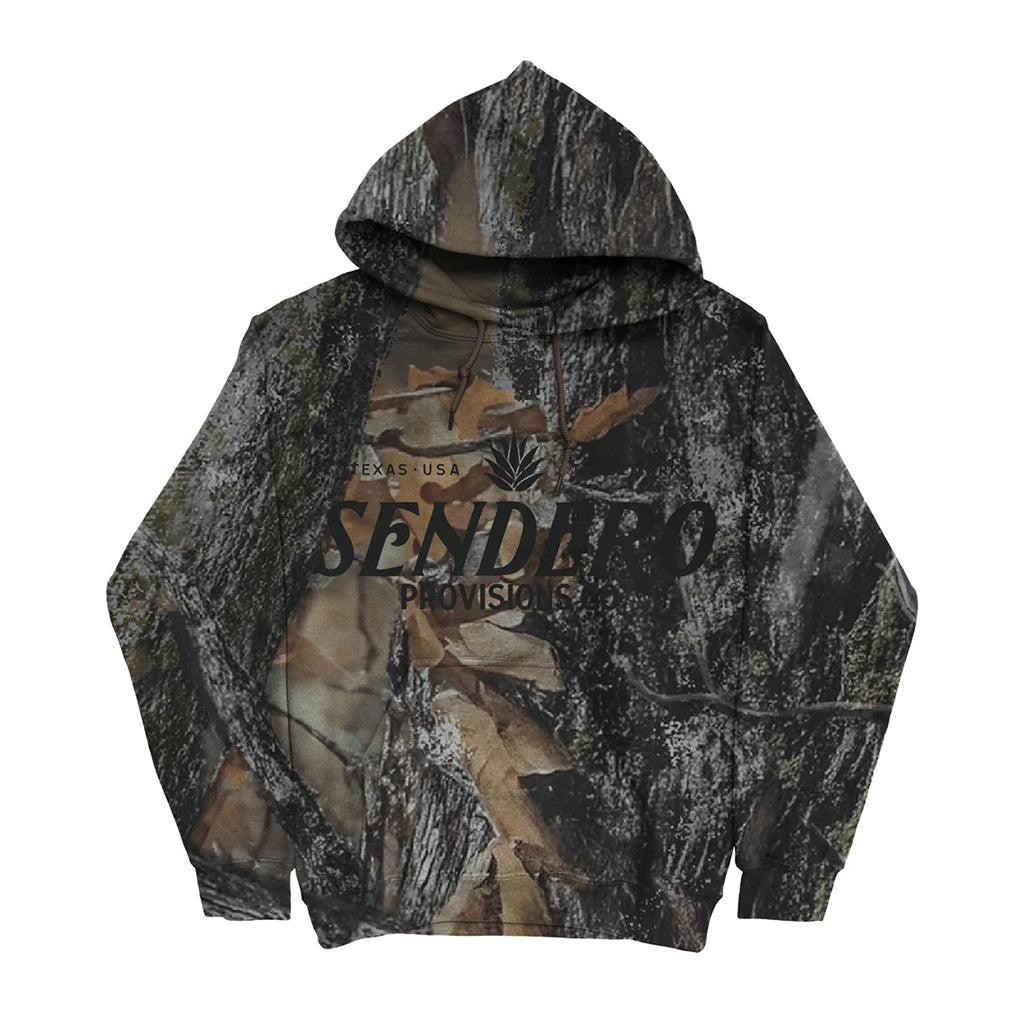 Camouflage hoodie with 'Sendino Provisions' branding on a white background