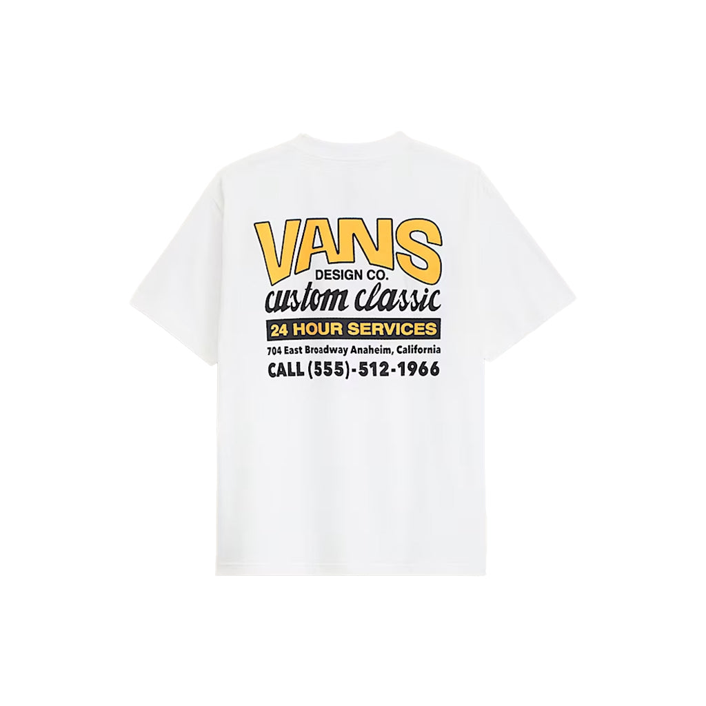 White t-shirt with Vans logo and text on a white background