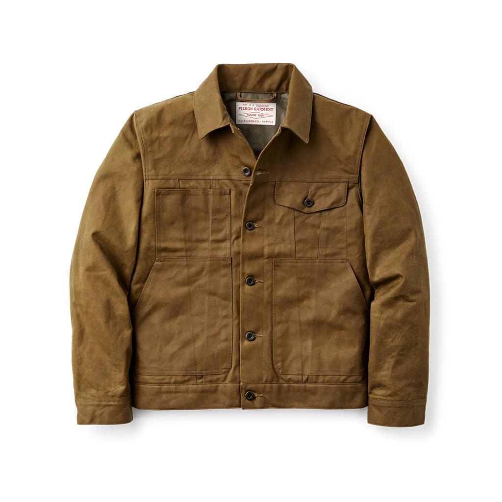 Brown jacket with button details on a white background