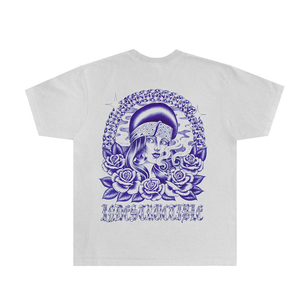 White t-shirt with purple graphic design of a woman's face, roses, and text on a white background