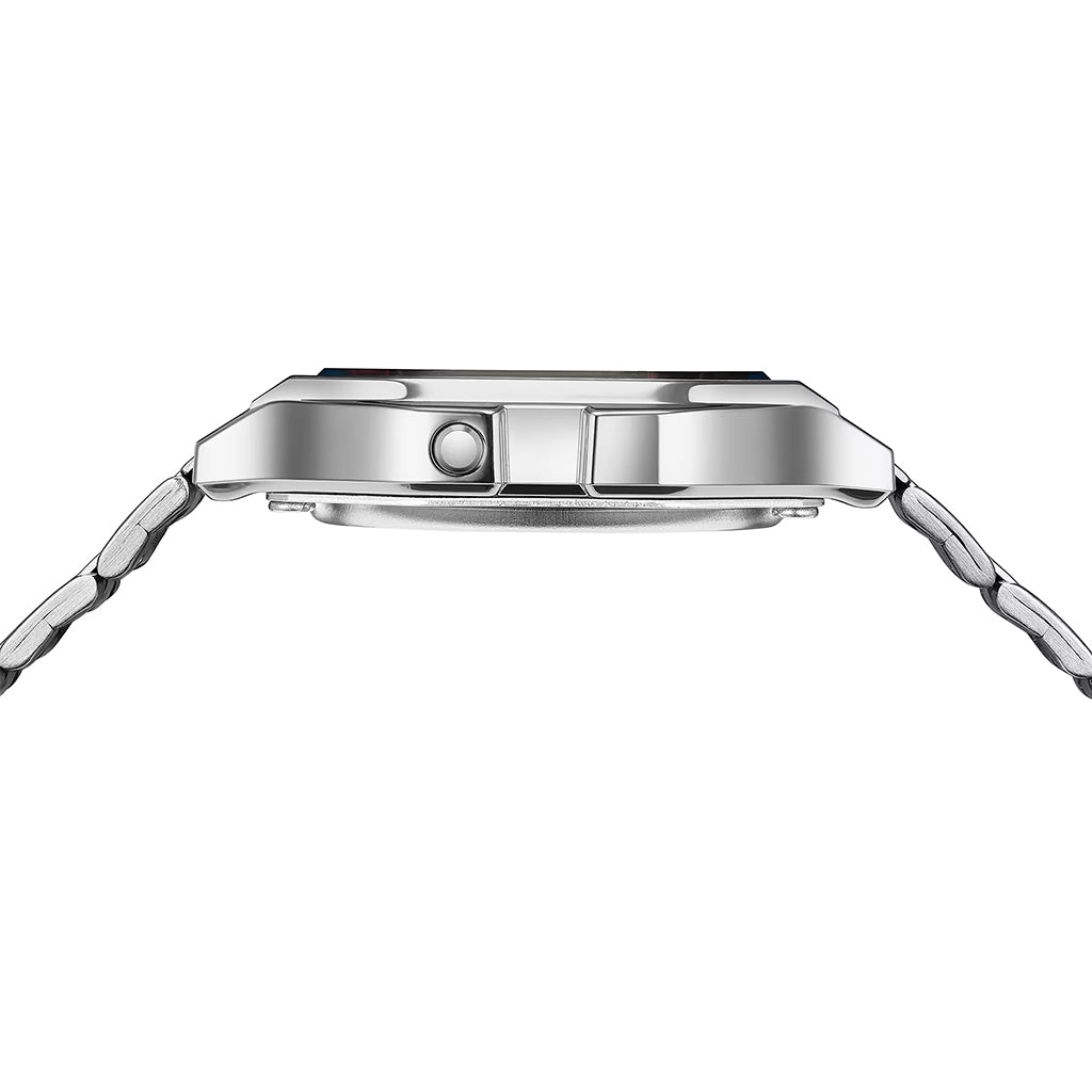 Close-up of a silver watch with a white background