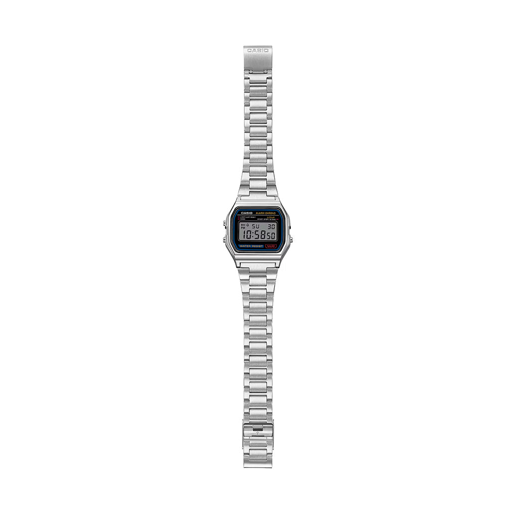 Digital watch with a silver metal strap on a white background