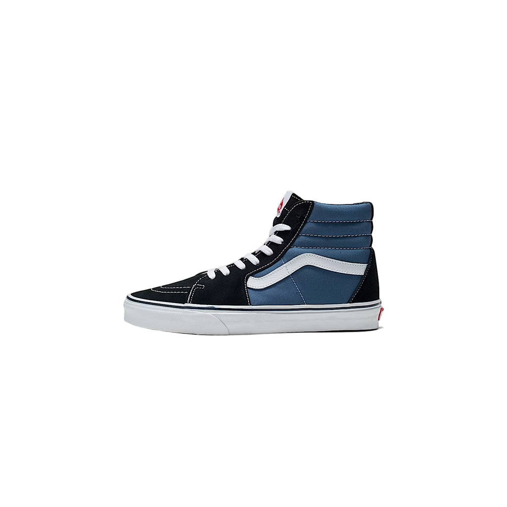 Blue and black sneaker with white accents on a light beige background