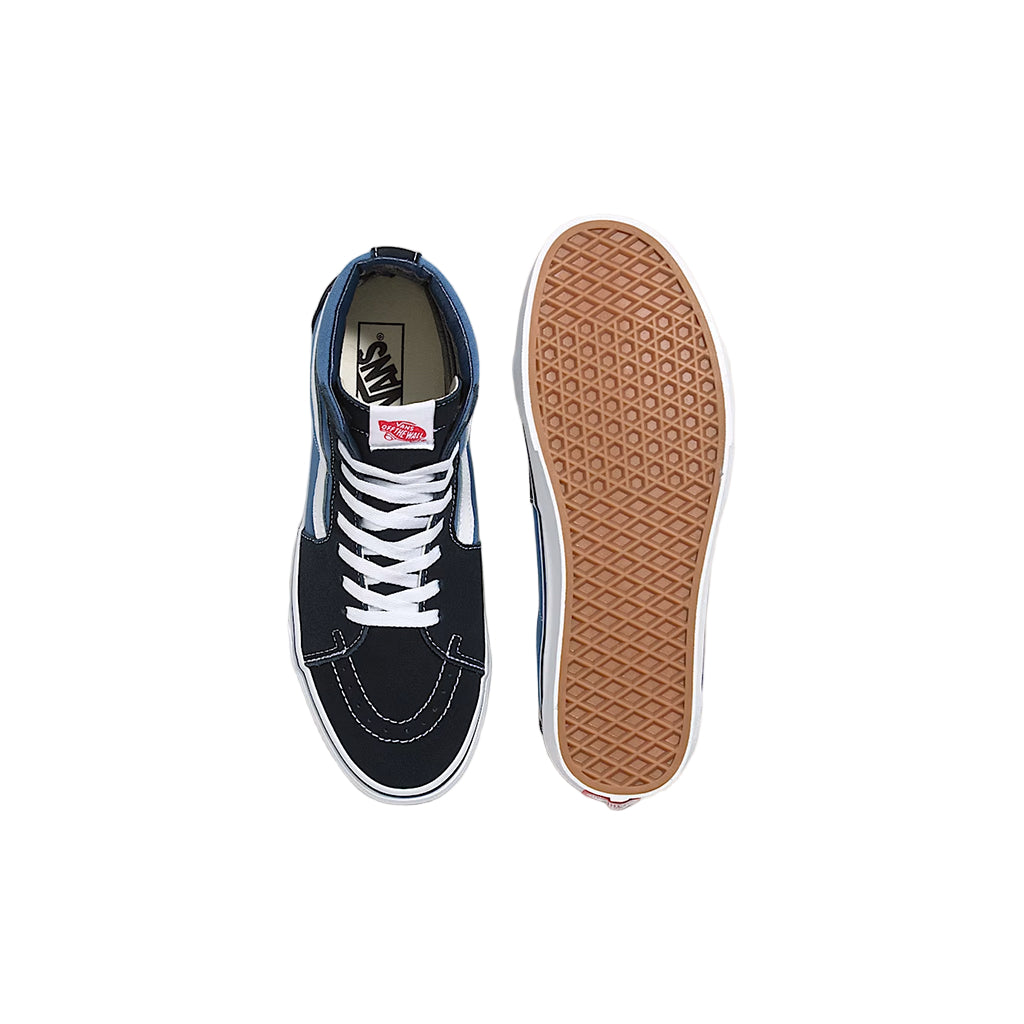 Navy blue sneaker with white laces on a light gray background