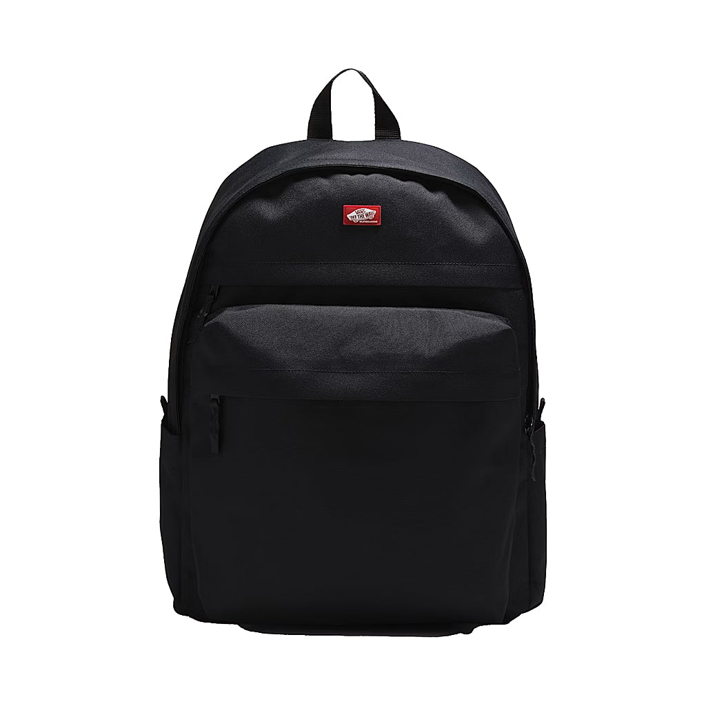 Black backpack with a red logo on a white background