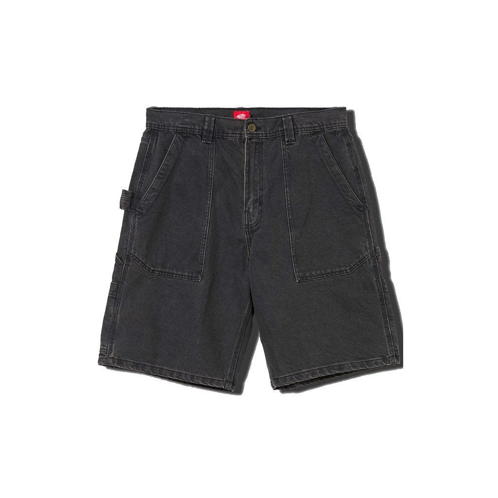 Black shorts with a brand logo on a white background