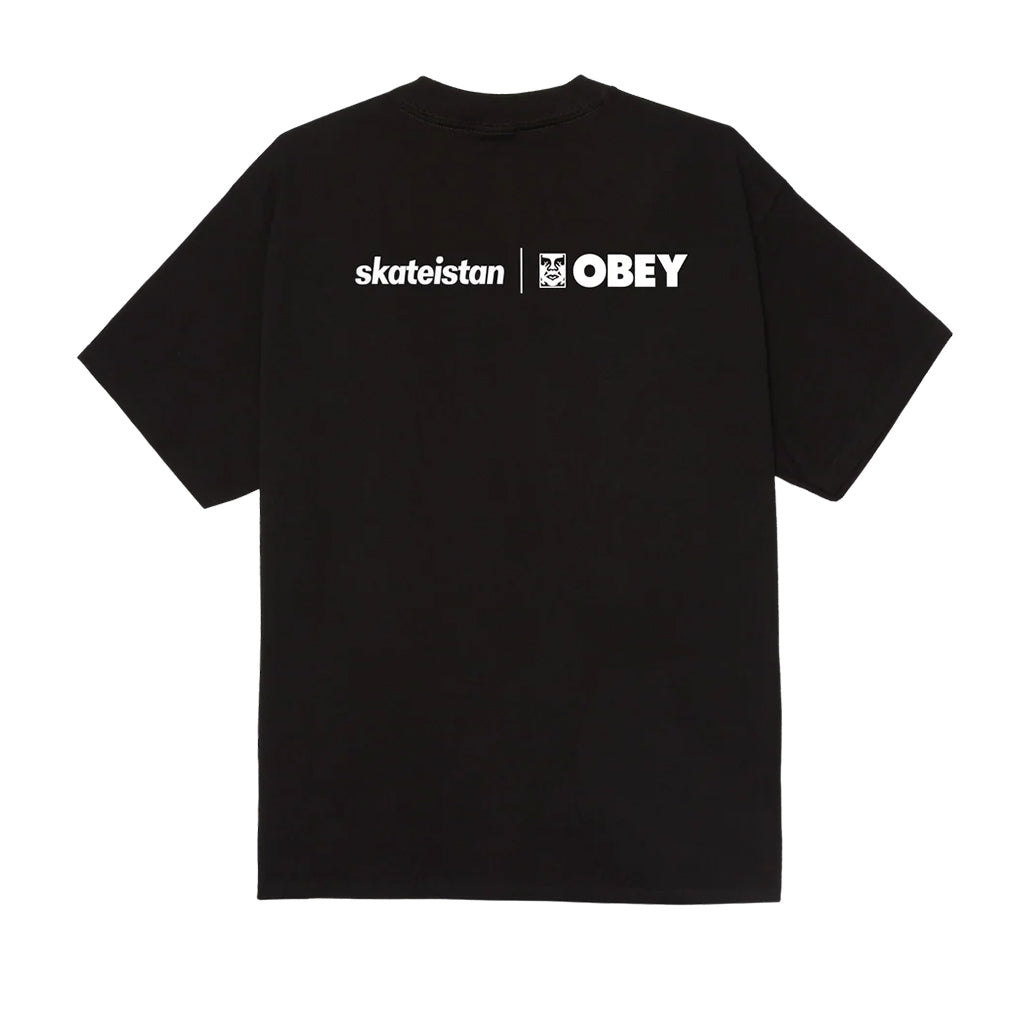 Black t-shirt with 'skateistan' and 'OBEY' logos on a white background