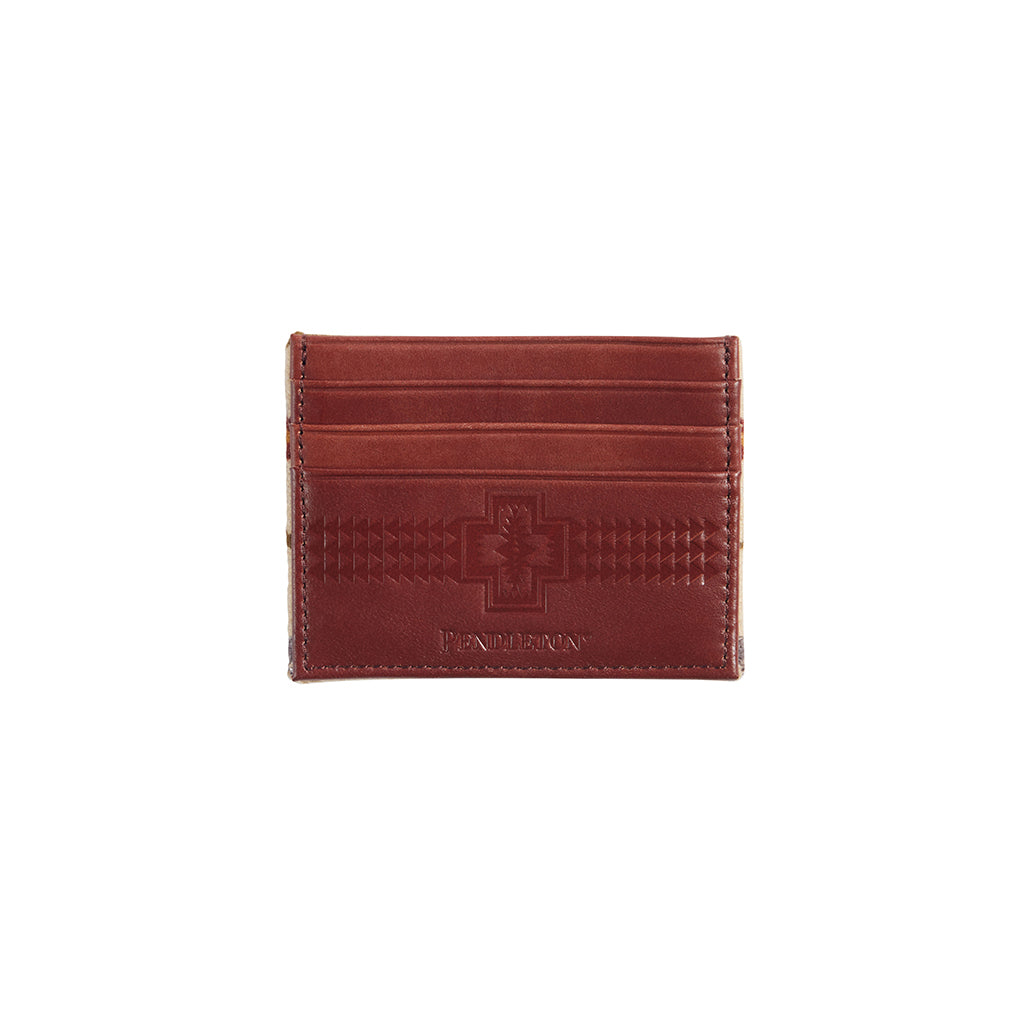 Brown leather cardholder with a brand logo on a white background