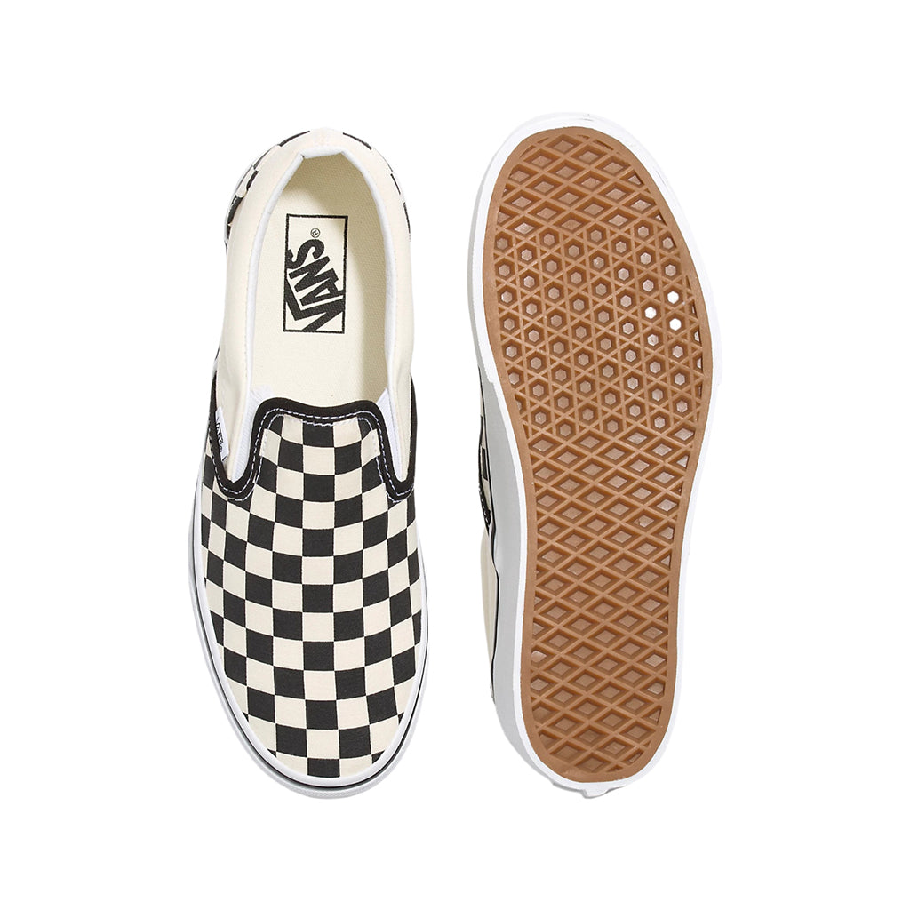 Vans slip-on sneaker with black and white checkered pattern on a white background