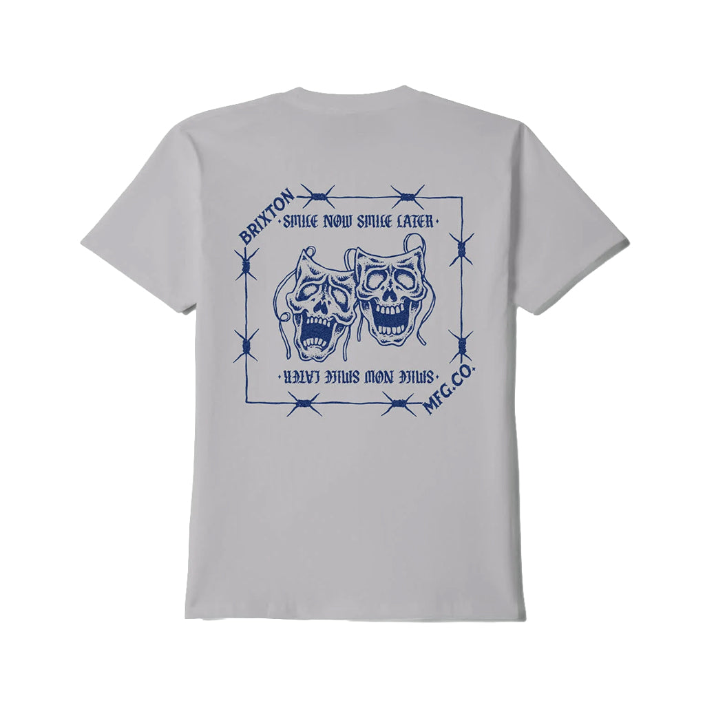 Gray t-shirt with blue graphic design on a white background