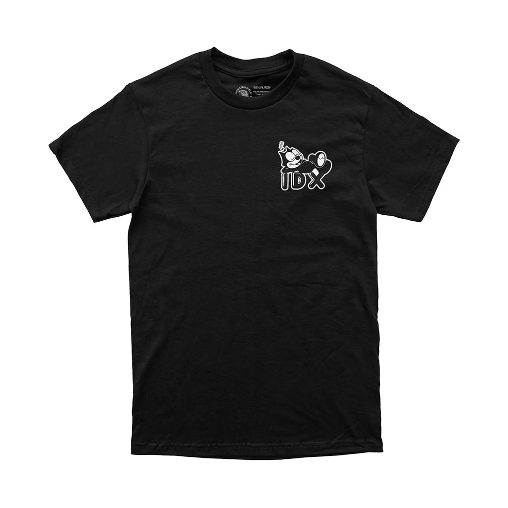 Black t-shirt with a white logo on a white background