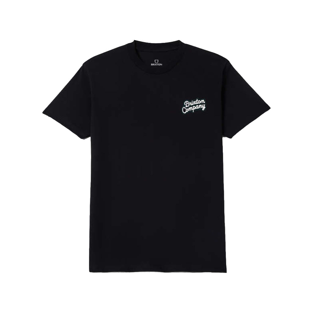 Black t-shirt with white text logo on a white background