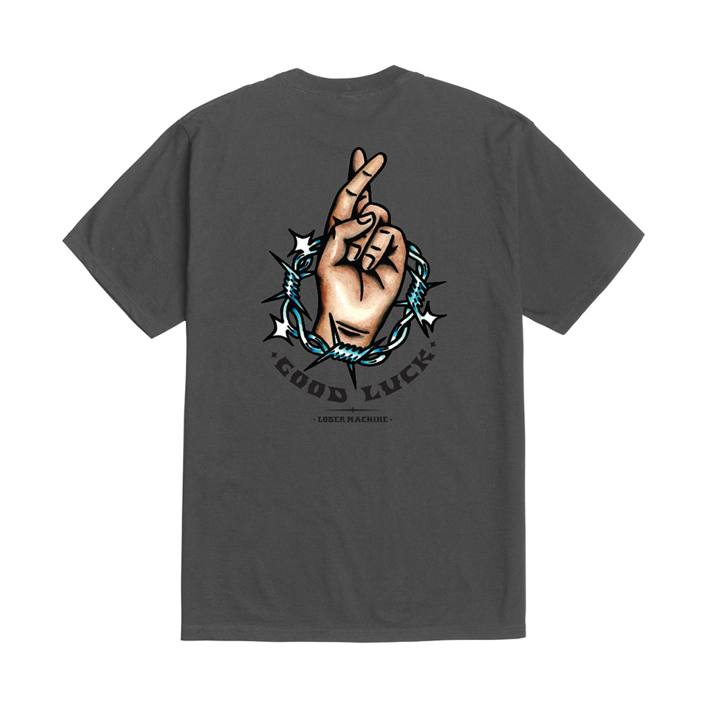 Gray t-shirt with a graphic design of a hand making a peace sign with barbed wire and 'Good Luck' text on a white background.