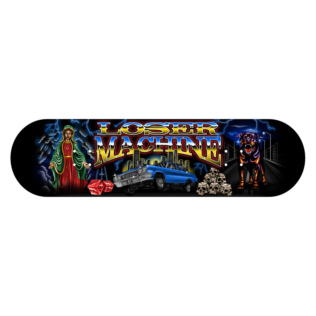 Skateboard deck with 'Loser Machine' design featuring a car, woman, and dog on a black background.