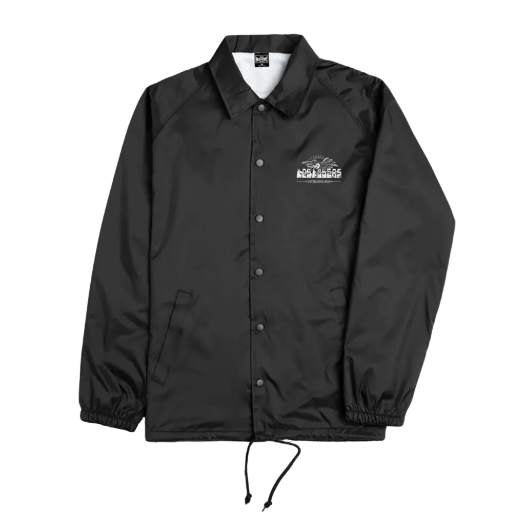 A black coach-style jacket with a white embroidered logo on the left chest, displayed flat against a white background.