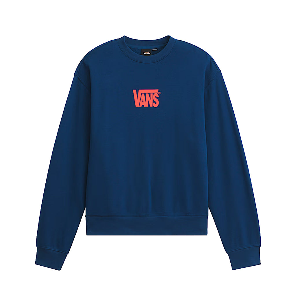 Blue sweatshirt with red Vans logo on a white background