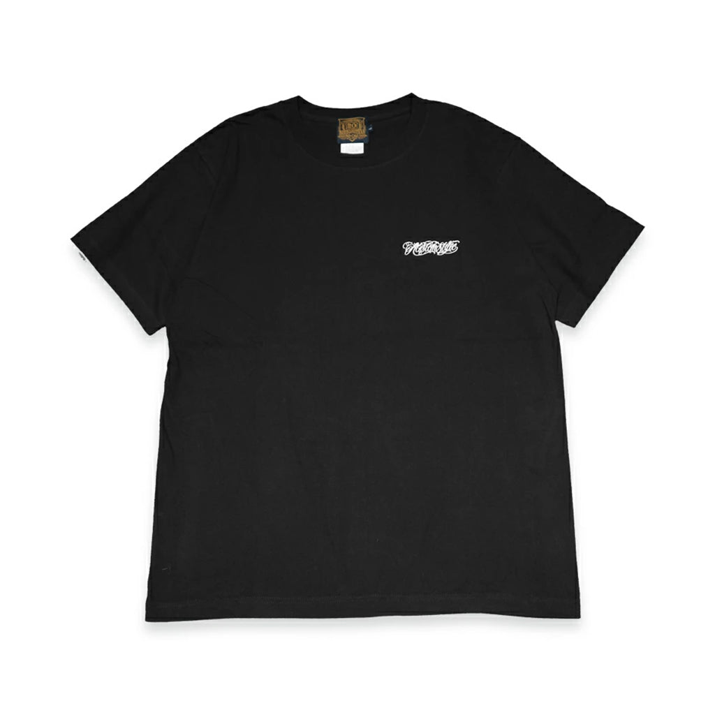 Black t-shirt with a small white logo on a white background