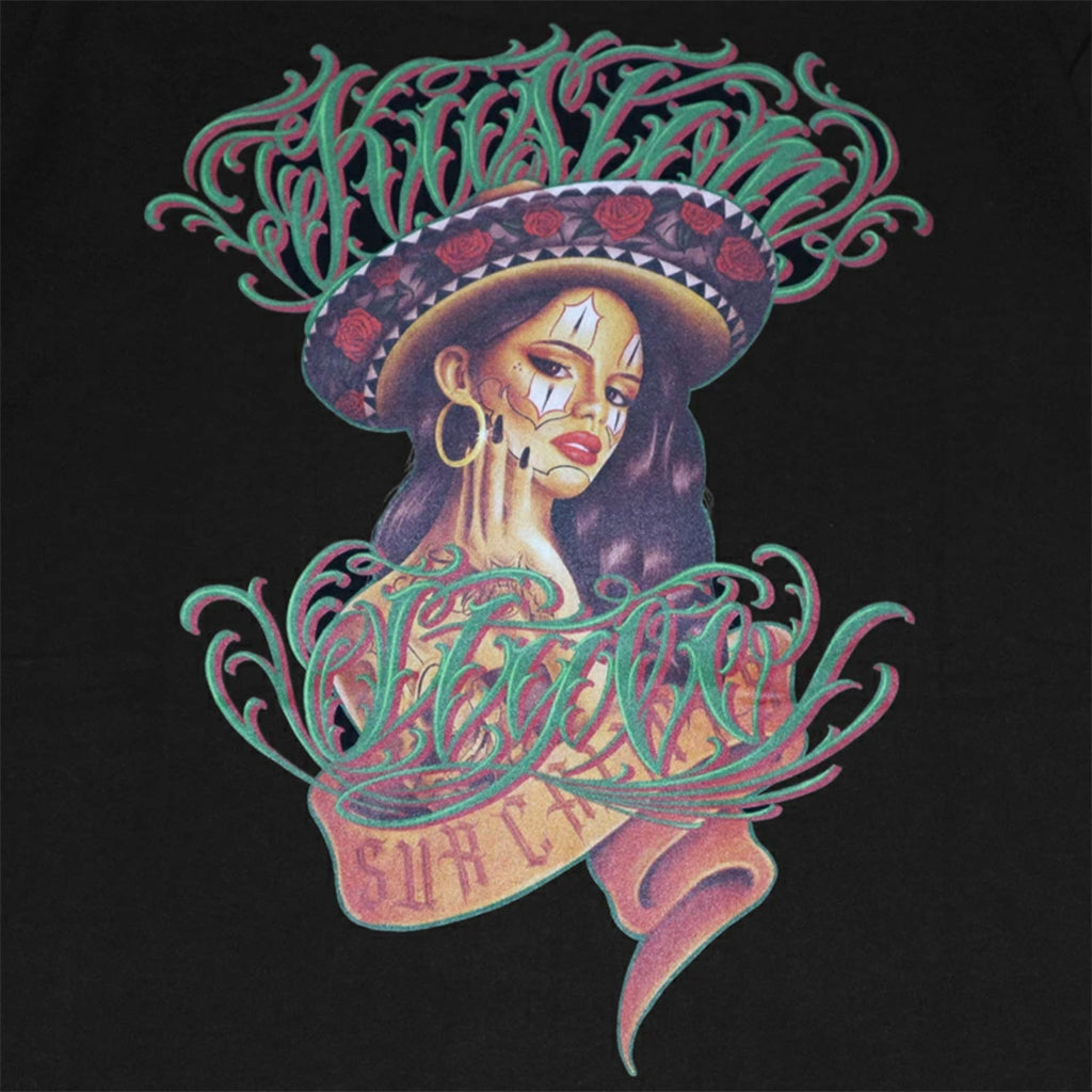 Artistic depiction of a woman with tattoos and a sombrero on a black background