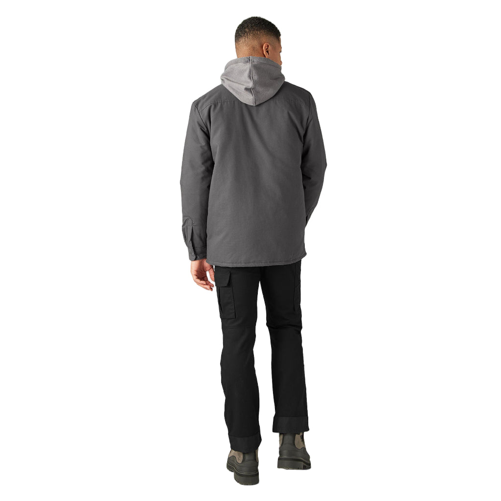 Person wearing a gray jacket with a hood on a white background
