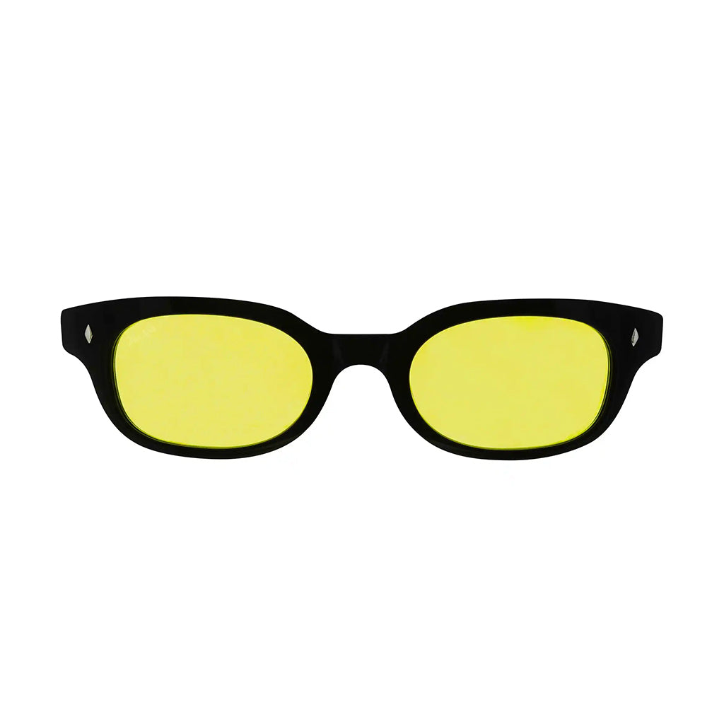Black-framed sunglasses with yellow lenses on a white background
