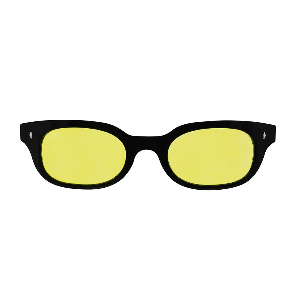 Black sunglasses with yellow lenses on a white background