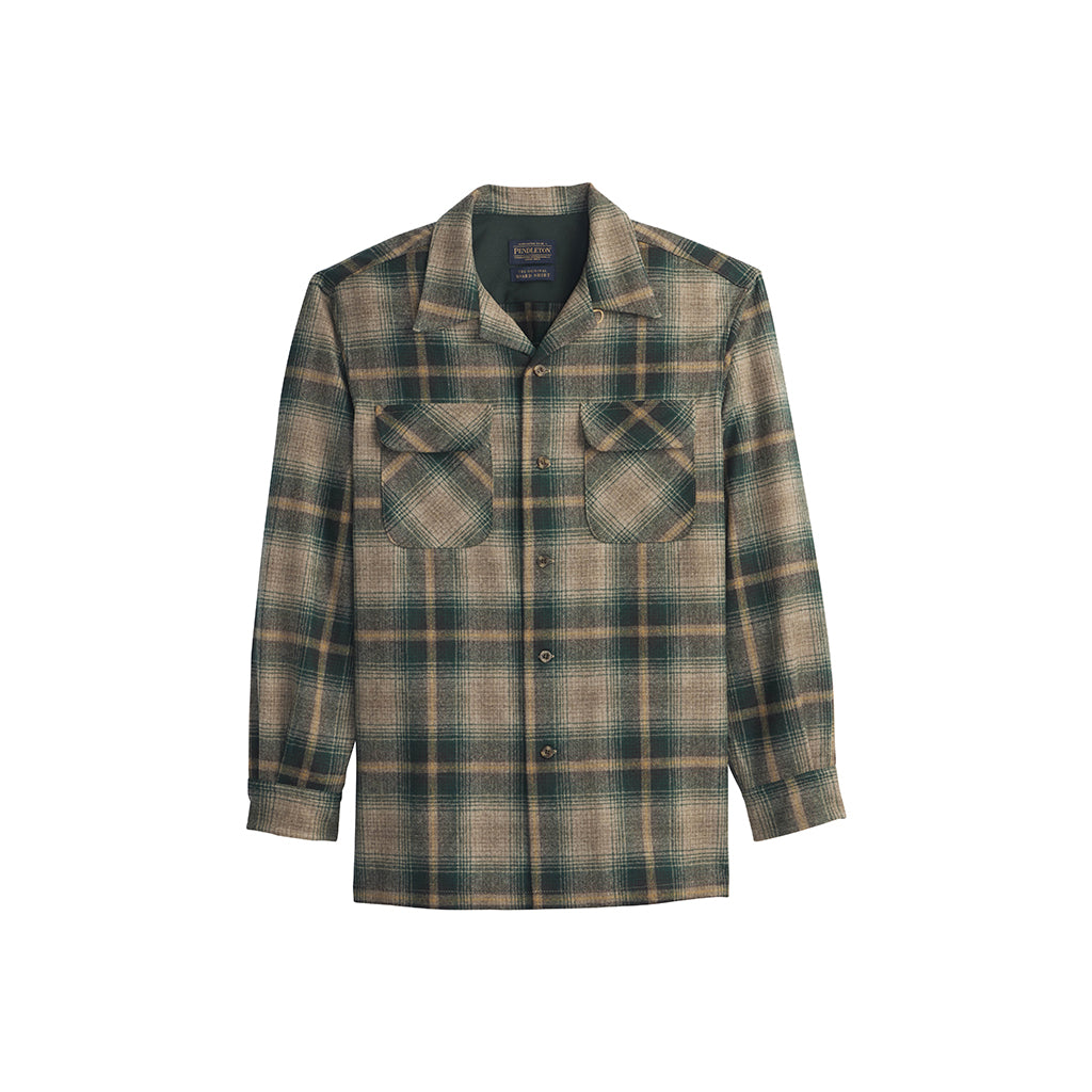 Plaid green and tan shirt with button details on a white background