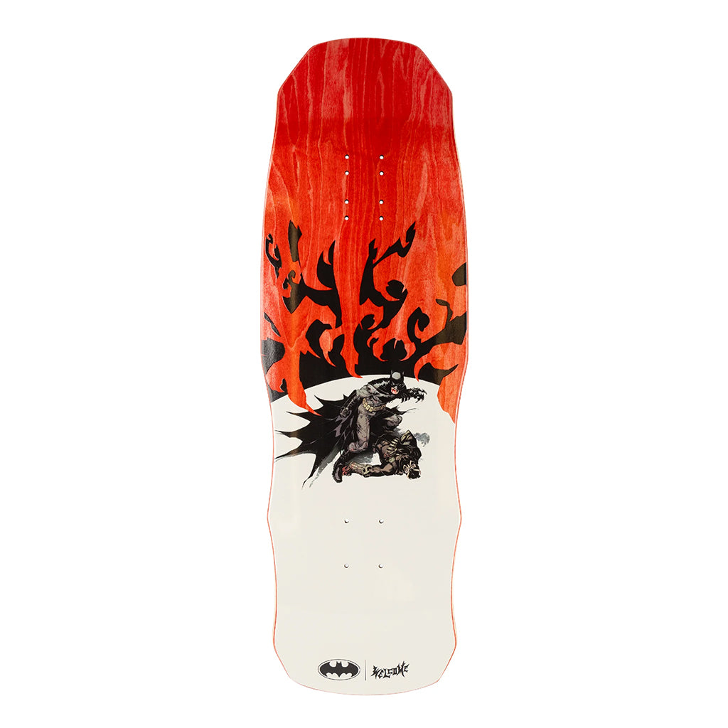 Skateboard deck with red and black design on a white background