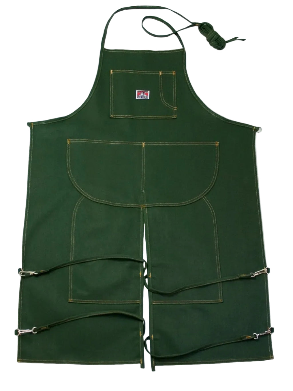 Green apron with multiple pockets on a white background