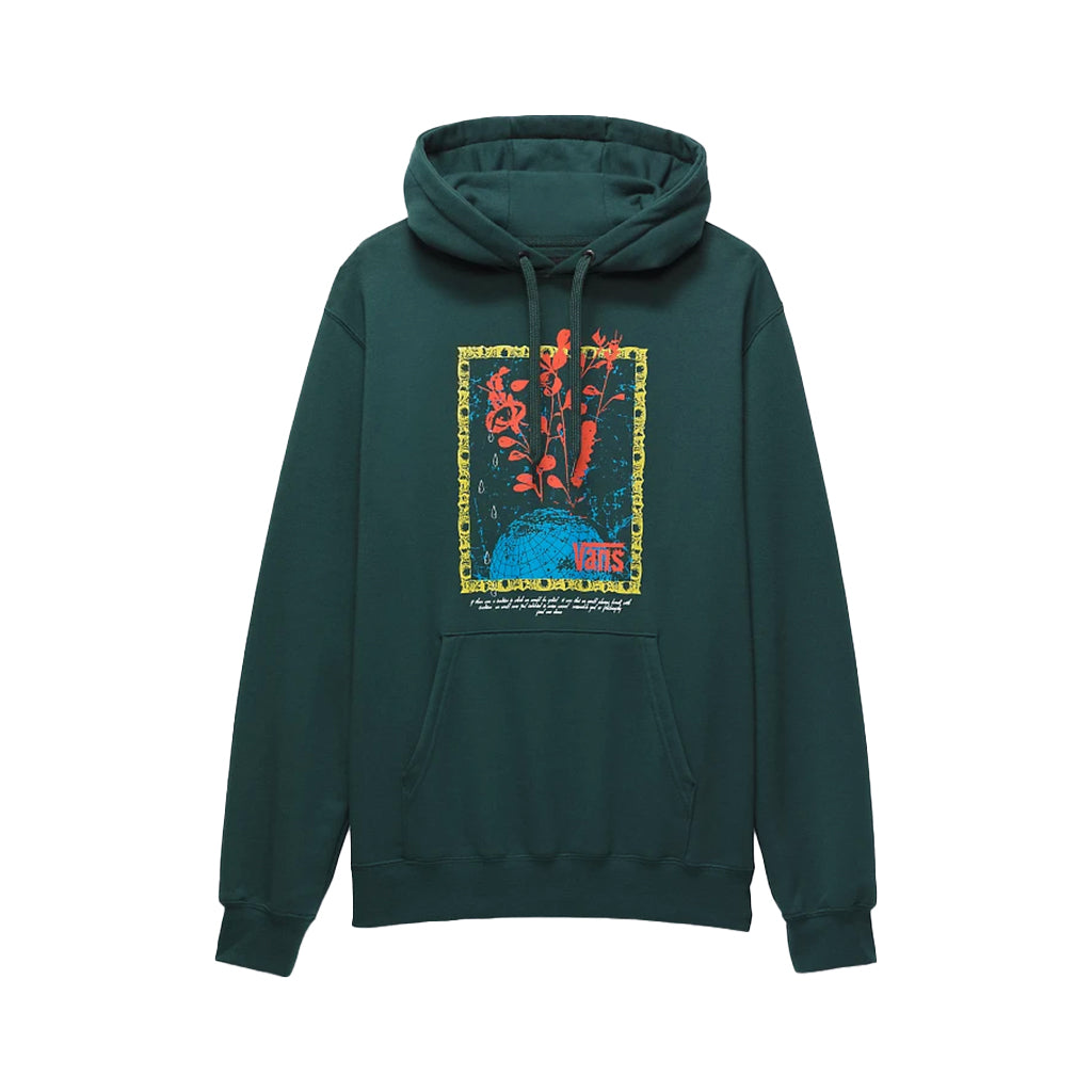 A green pullover hoodie with a kangaroo pouch and a screenprinted graphic of a globe on the chest.