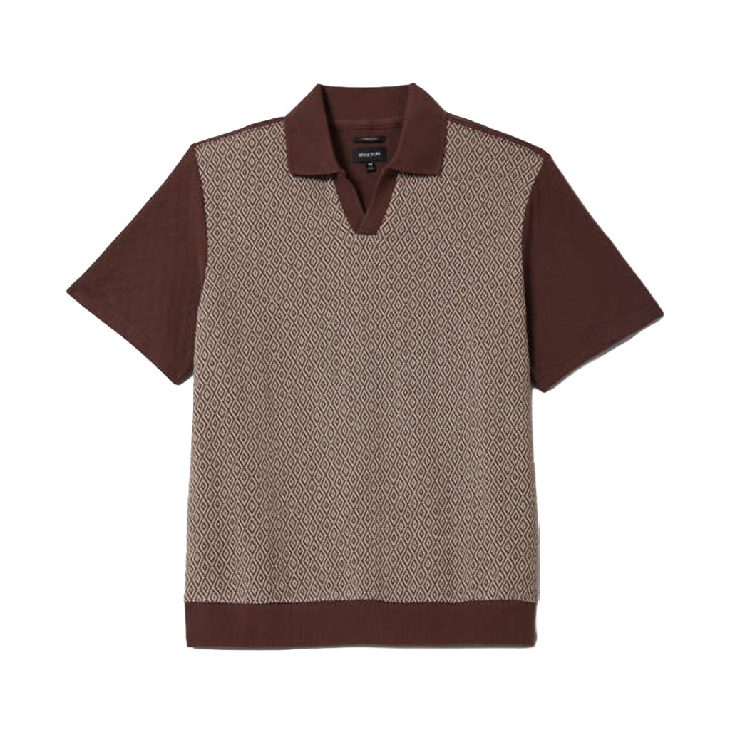 Brown and beige patterned polo shirt on a white background