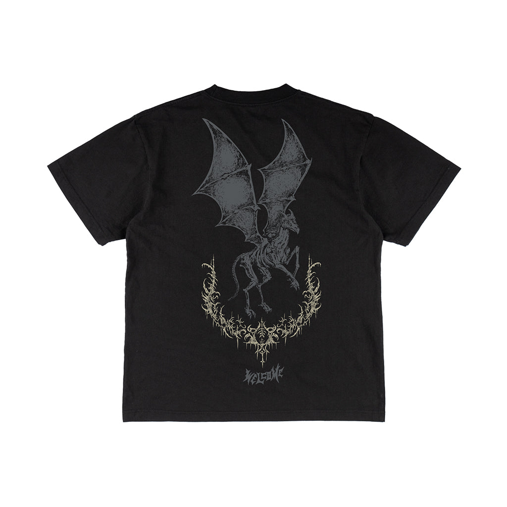 Black t-shirt with a dragon design on the back against a white background