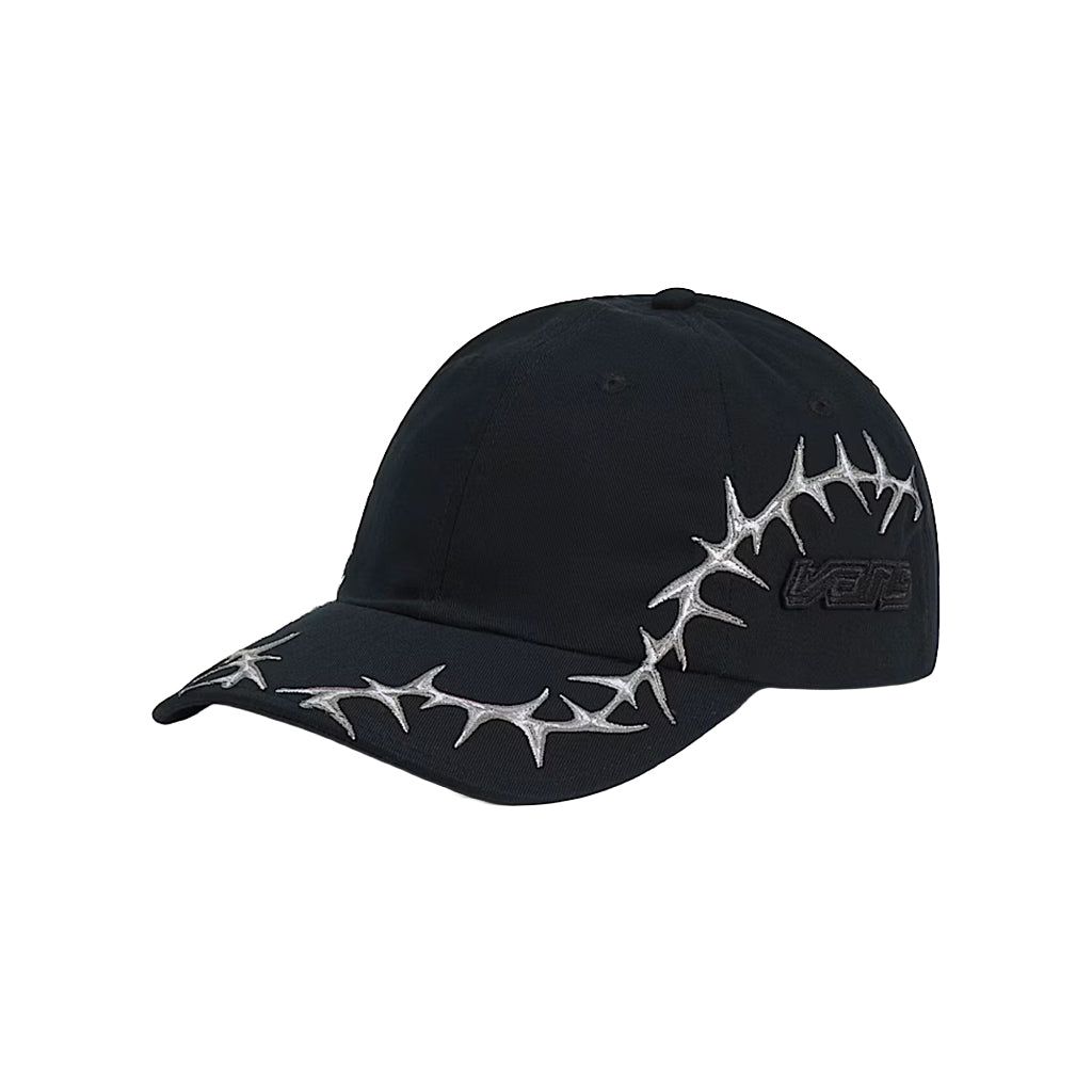 Black cap with white design on a white background