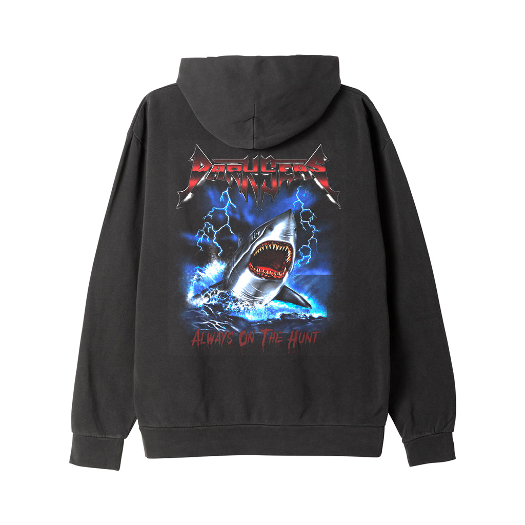 Black hoodie with a shark graphic and text on the back, on a white background