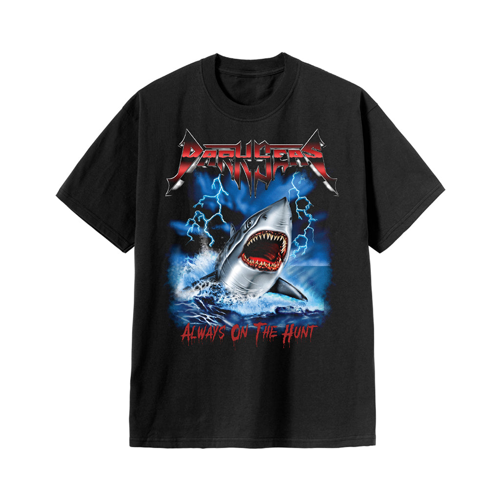 Black t-shirt with a shark graphic and text on a white background