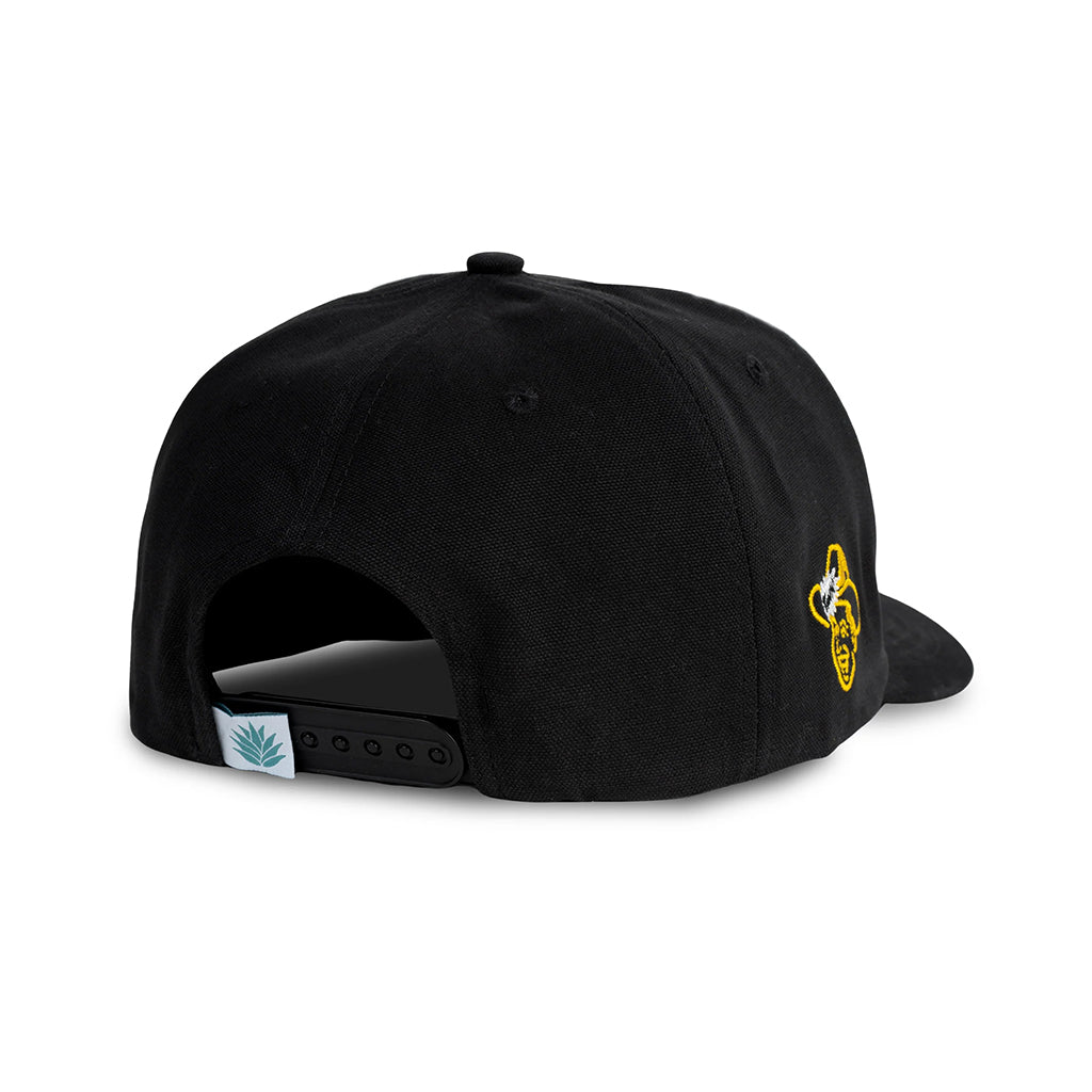 Black cap with a logo on the back on a white background