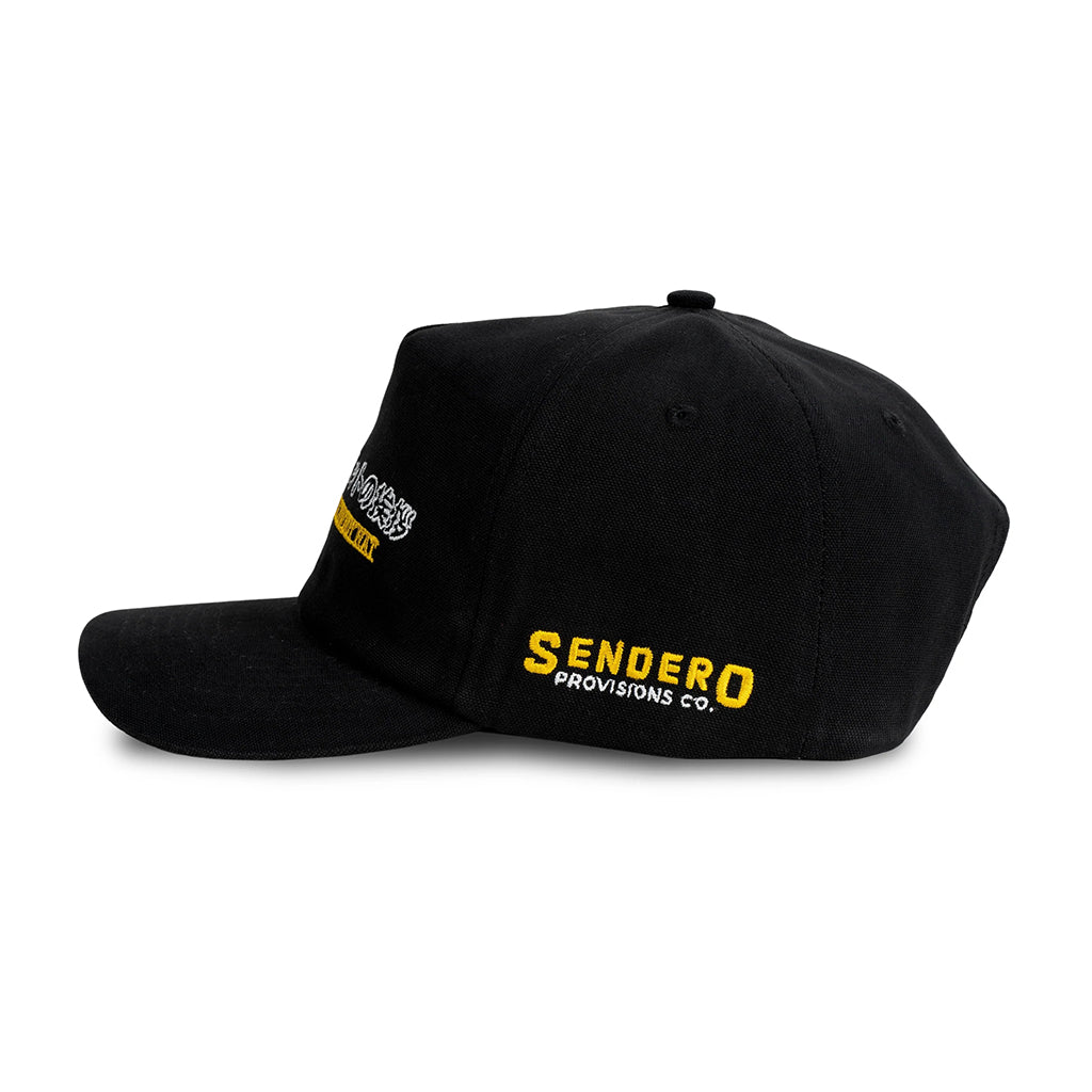 Black cap with yellow text on a white background
