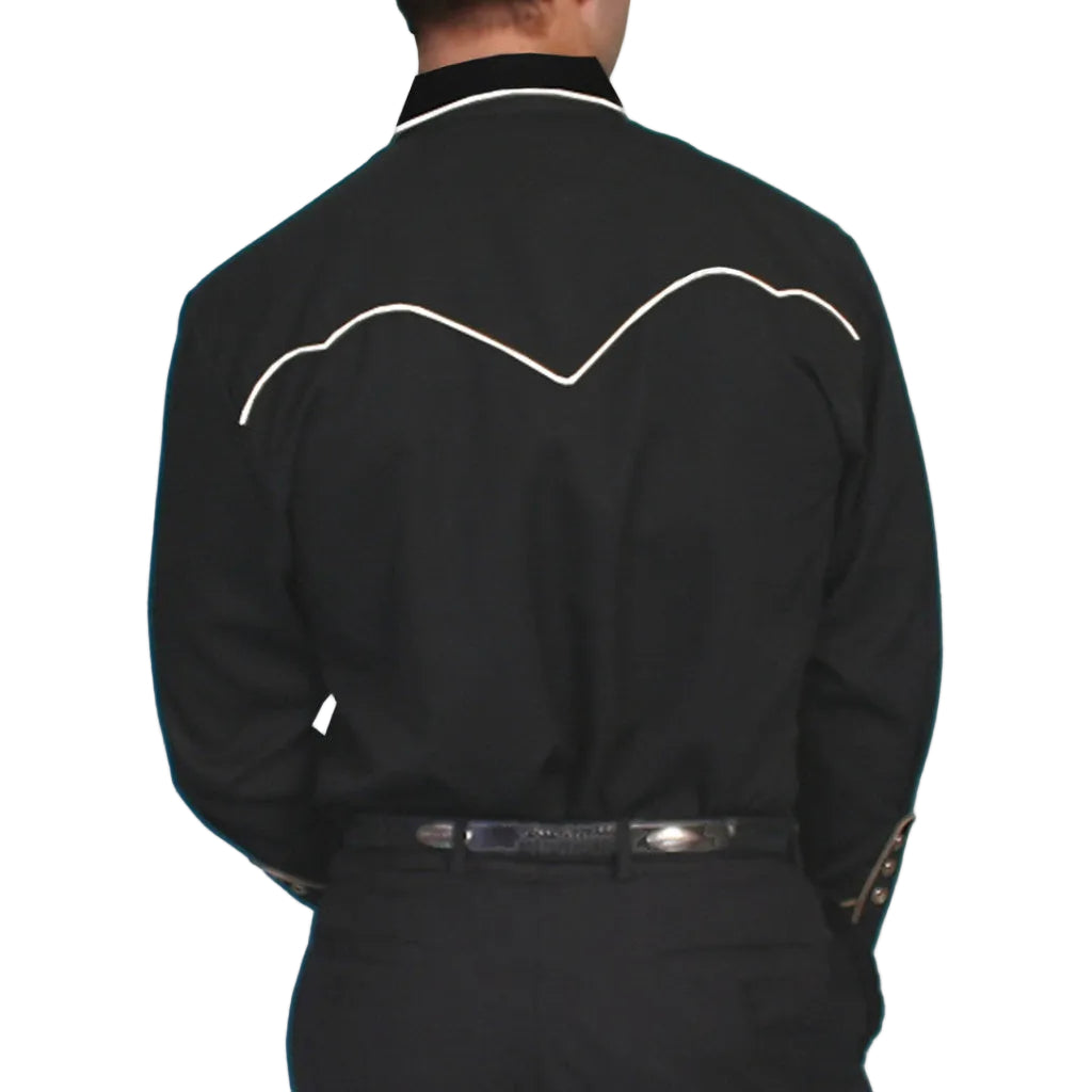 Black embroidered shirt worn by a person on a white background
