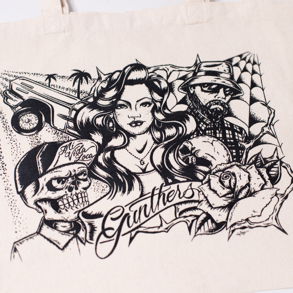 Tote bag with black and white graphic design featuring a woman, man, and skull, with 'Ginthers' text.