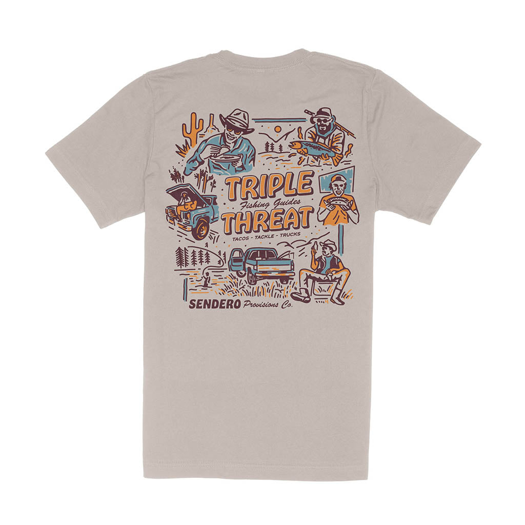 Beige t-shirt with colorful graphic design on the back featuring text 'Triple Threat' and 'Sendero'.