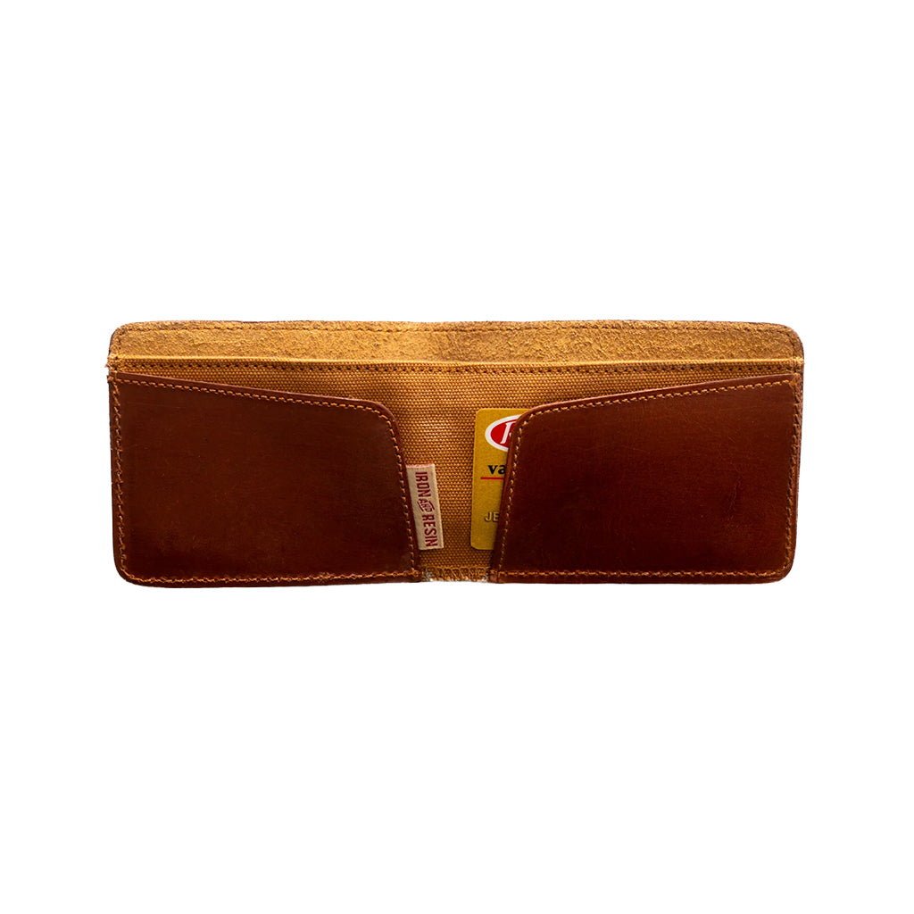 Leather and canvas Traditional bi-fold wallet on a white background