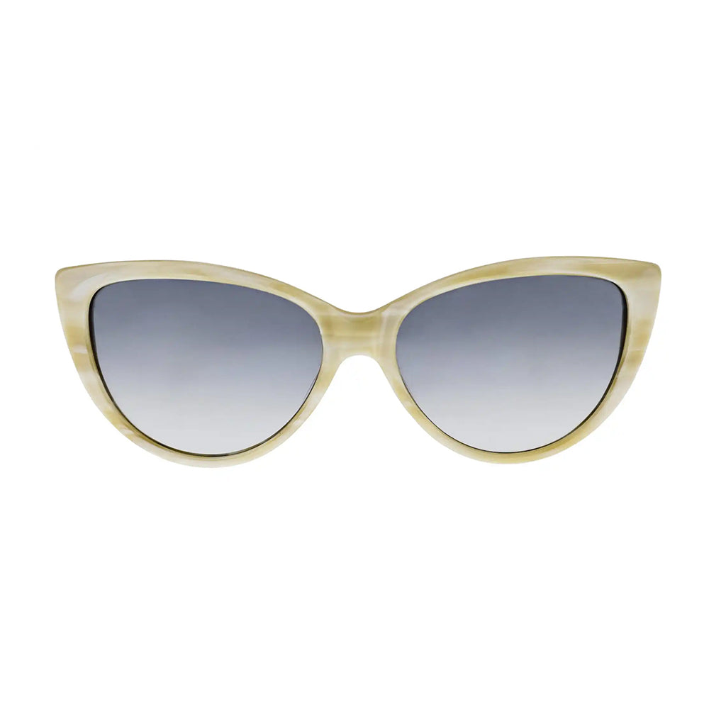 Cat-eye sunglasses with beige frame and blue gradient lenses on a white background