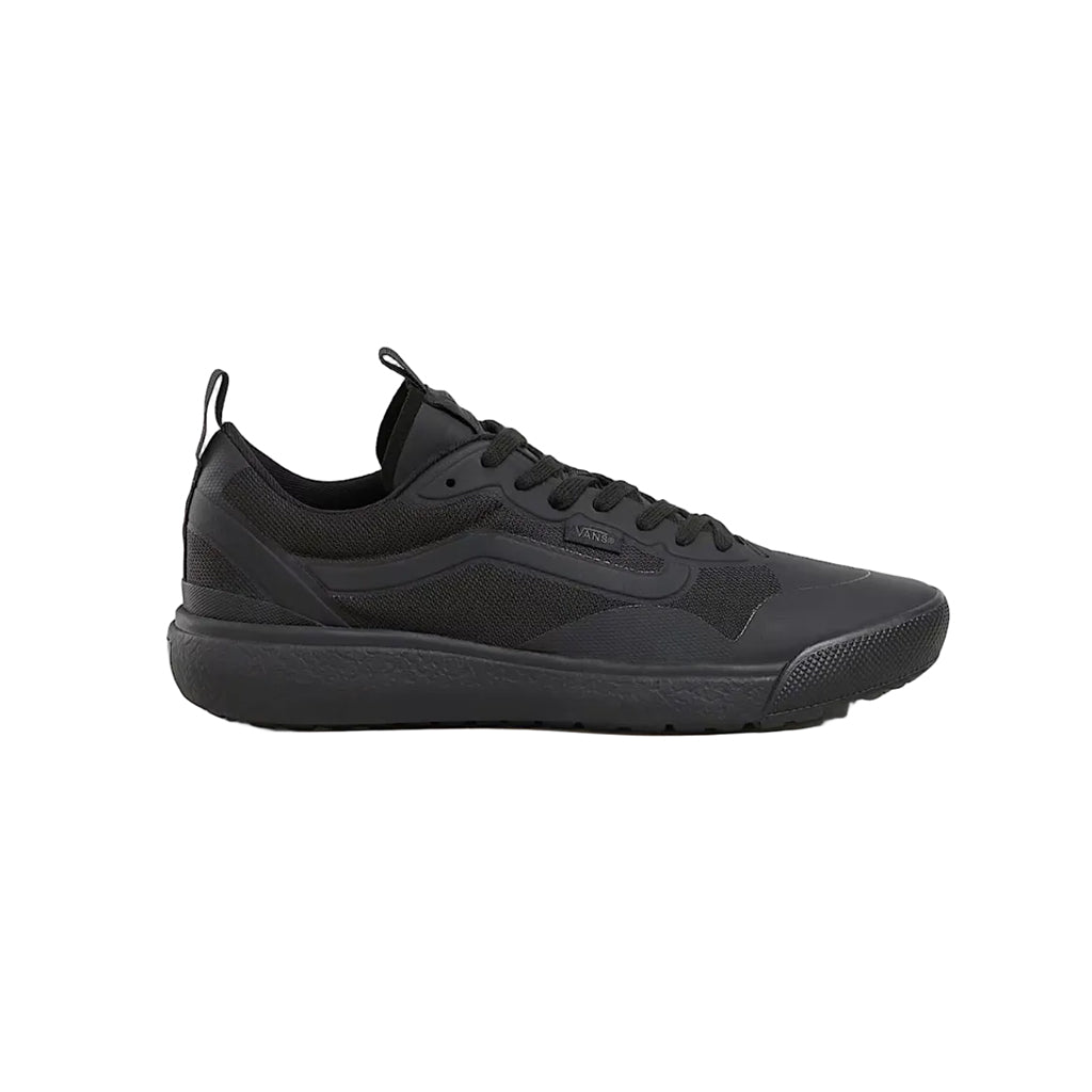 Side of all black Vans athletic shoe on a white background