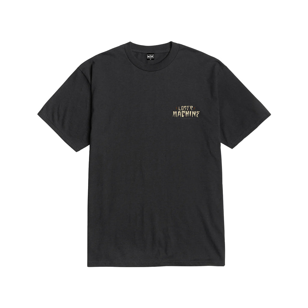 Black shirt with Loser Machine logo on a white background