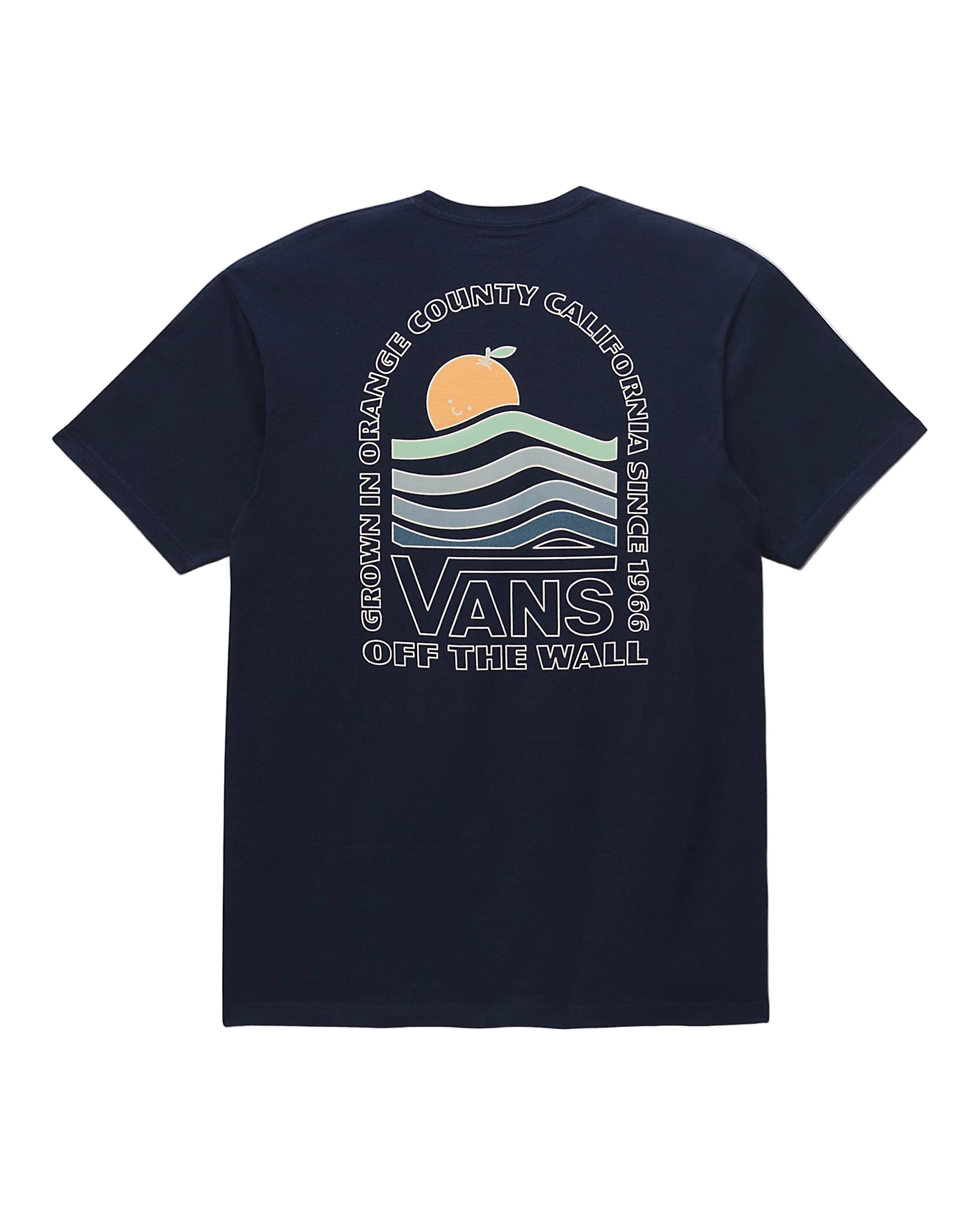 A navy-colored short-sleeved crew neck t-shirt with a larger screen printed graphic on the back showcasing a sunset and the 'Vans Off The Wall' slogan.