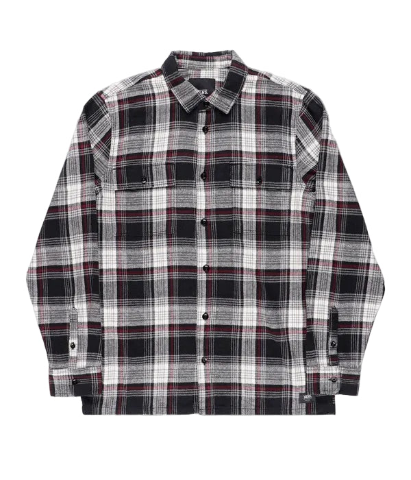 Plaid shirt with black, white, and red pattern on a white background