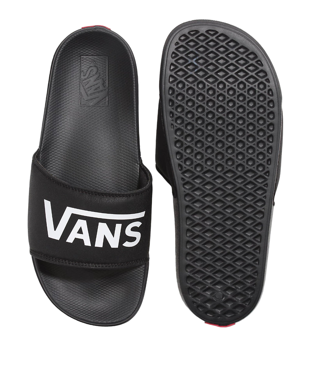 Black slide sandal with white 'Vans' logo on a light gray background