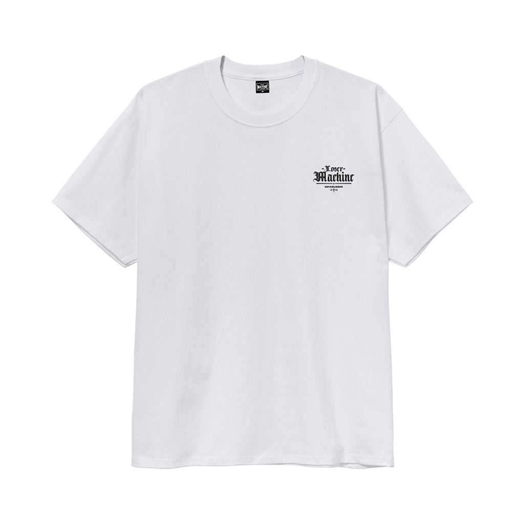White t-shirt with a black logo on a white background