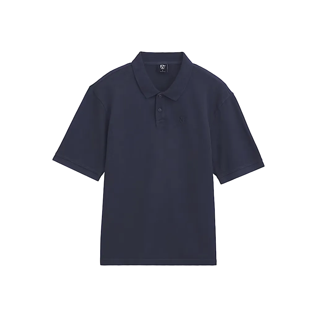 A navy blue short-sleeve polo shirt with a small embroidered logo on the left chest, displayed flat against a light beige background.